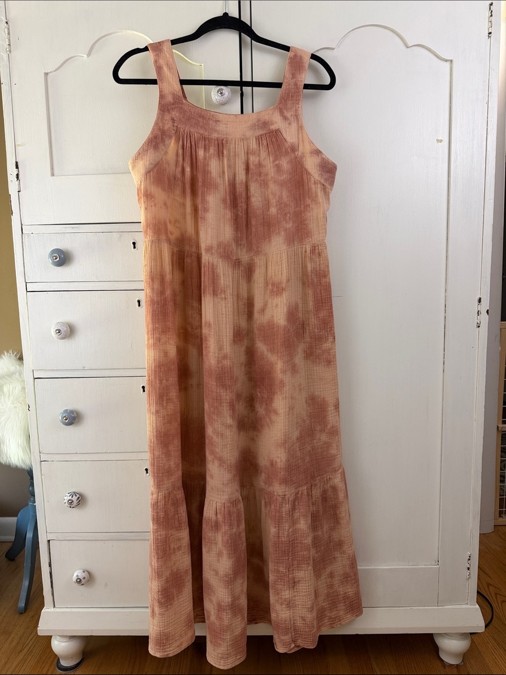 Wonderly Sleeveless Tie-Dye Maxi Dress in Rust & Cream M